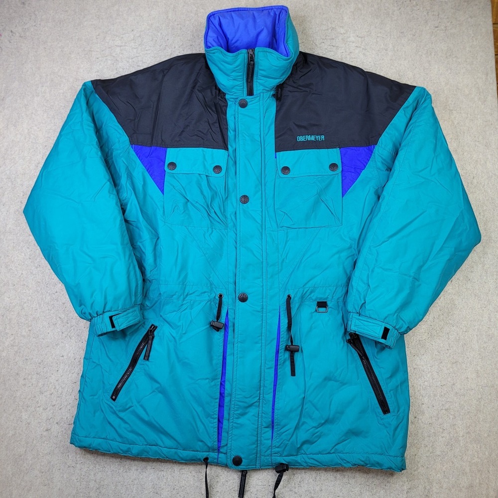 Vintage Obermeyer Ski Jacket Skiwear Blue Black Coat Mens XL Long 90s Hooded